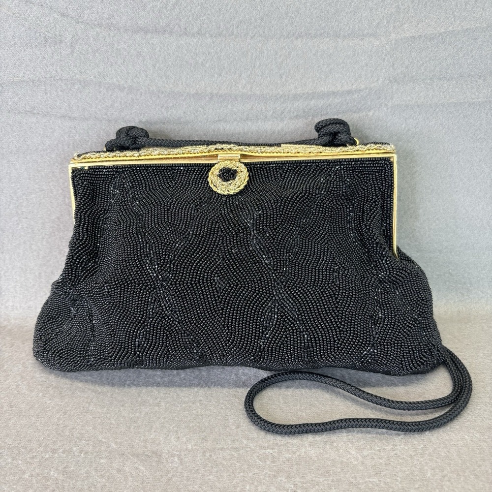 Vintage Hutzler's of Baltimore Black Glass Beaded Evening Bag Purse Gold Frame